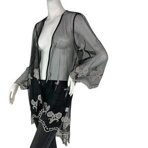 Haute Project Los Angeles Sheer Black Embroidered Open Front Jacket Cover-up, S